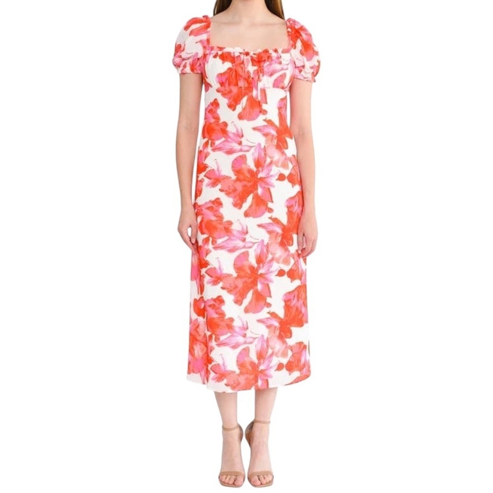 NEW‼️WAYF Felicity Floral Pink Midi Dress in Coral Pink Hibiscus, Small